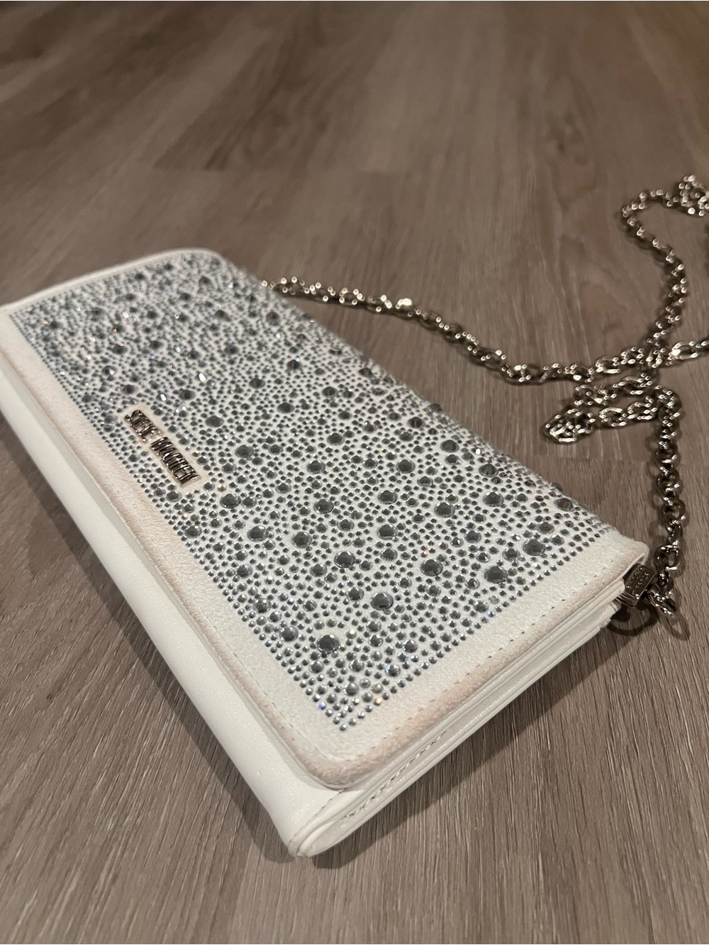 Steve Madden White Crystal-Embellished Clutch with Chain